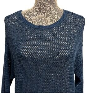 J Jill Womens Sweater Sz Med Blue Linen Cotton Open Knit Crochet Coastal Top
